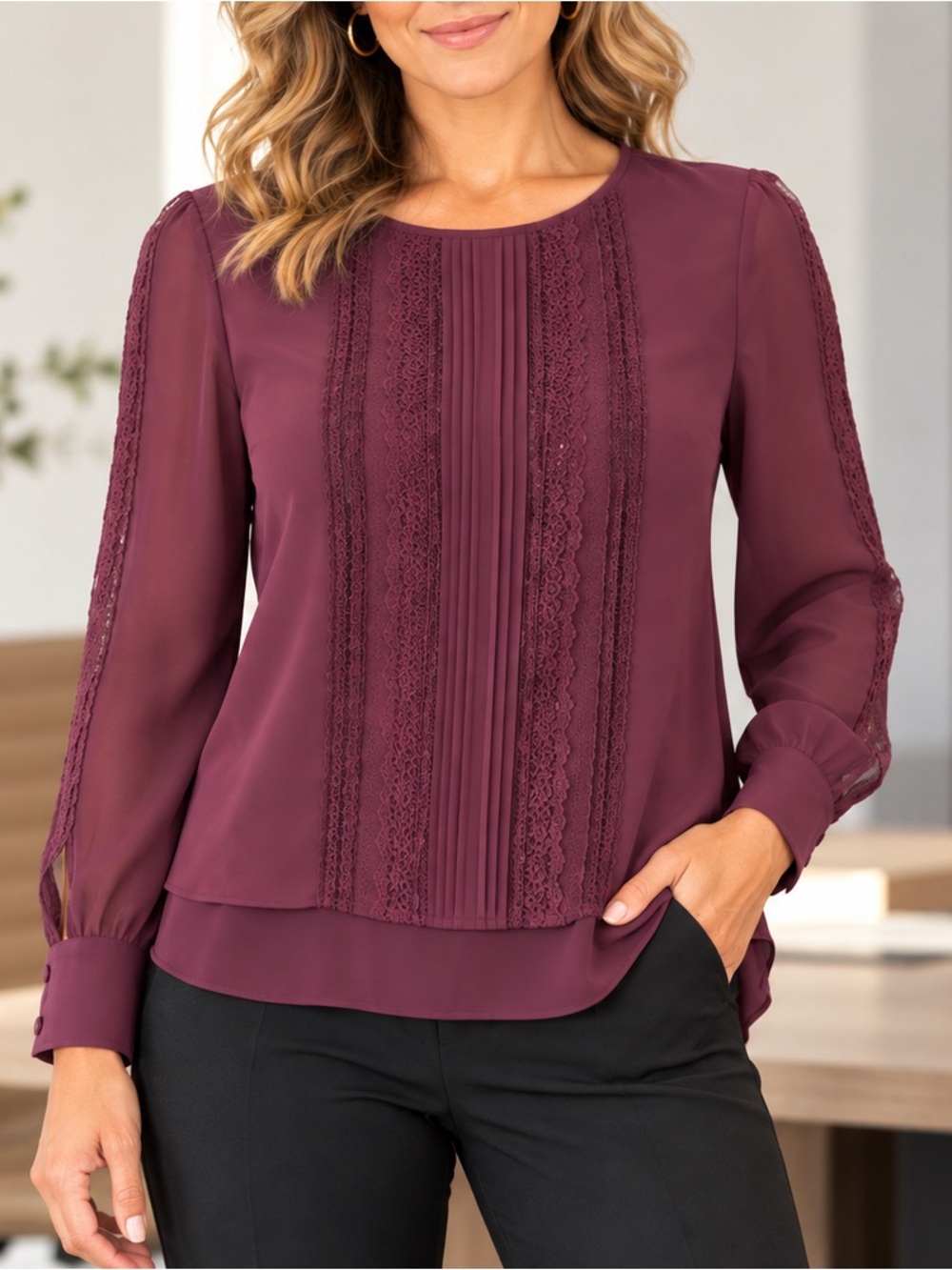 WHBM Size 0 Plum Lace Pintuck Layered Back Blouse Long Sleeve